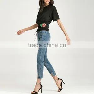 2017 Cotton Lace Up Women Short Sleeve T-Shirts thumbnail-2