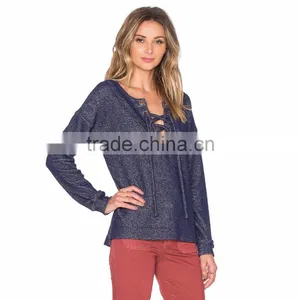 Long Sleeve Women Lace Up Fashion Jean Shirt thumbnail-2