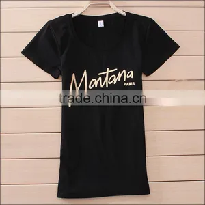 Gold Printing Deep Round Neck Black T-shirt Women thumbnail-1