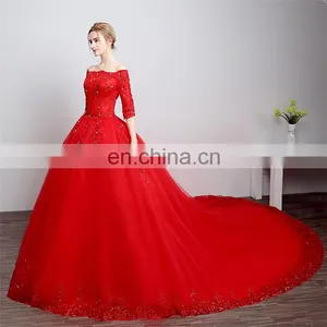 HS1608 Vintage Lace Ball Gown Train Red Wedding Dress thumbnail-1