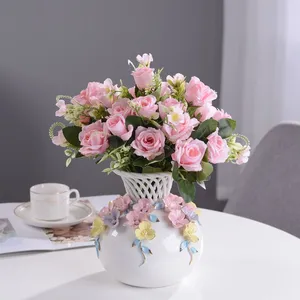 Hand Knit Artificial Flower White Round European Style Creative Ceramic Vase For Dining Table thumbnail-4