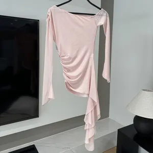 Women's Clothing European and American Style Design Asymmetrical Silk Mesh Slim Fit Long Sleeved Top thumbnail-3