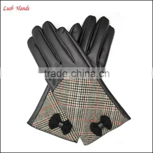 Ladies High-quality Black Leather Gloves With Checked Cloth Handback thumbnail-1