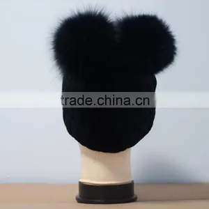 Girls Knitted Wool Hat Raccoon Fur Pompoms New Fashion thumbnail-4