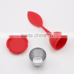 Red Color Stainless Steel Tea Infuser With Silicone Leaf Handle and Drip Tray thumbnail-6