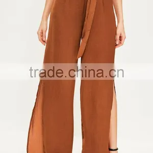 Wholesale Ladies Brown Tie Waist Wide Leg Split Side Pants Women Wide Leg Satin Pants thumbnail-2