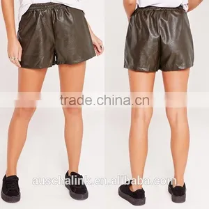Custom Ladies Khaki Elasticated Waist Faux Leather Shorts thumbnail-6