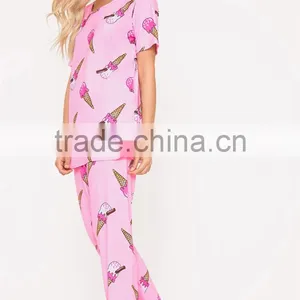 Custom Full Print Women Long PJ Set All Over Print Ladies Sleepwear Pink Ice-cream Print Pajamas Set thumbnail-5