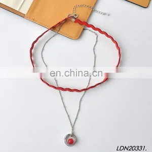 Garnet Coral Beads Pendant Necklace Red Suede Leather Choker Necklace Sets thumbnail-2