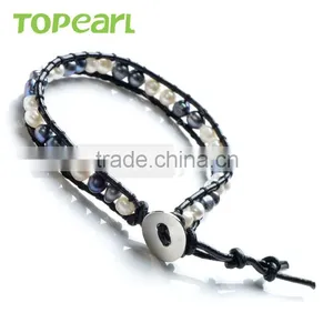 Topearl Jewelry Potato Shape White and Black Freshwater Pearl Bracelet Woven Leather Wrap 2016 Popular Beaded Bracelets CLL158 thumbnail-2