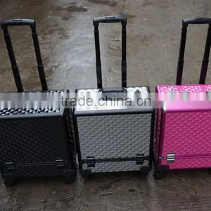 Professional Rolling Cosmetic Case w/ 8 Trays Black/Silver/Pink Diamond Aluminum(XY-877) thumbnail-1