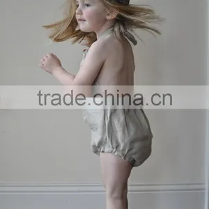 Beige Halter Girls Shorts Baby Clothes Romper Linen Baby Boutique Summer Outfit thumbnail-1