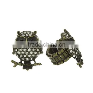 Antique Bronze Clear Rhinestone Elastic Stretch Owl Halloween Ornaments Rings thumbnail-1