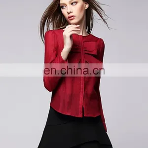 Fashion Red Color Bowknot Round Neck Lond Sleeves Office Lady Linen Shirt Blouse thumbnail-3