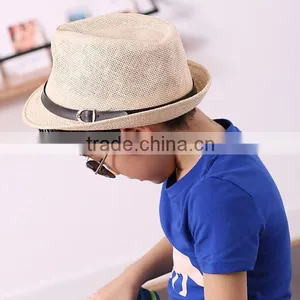 2015 Hot Sell Blank Boys Summer Straw Hat Fedora Hat Paper Straw Hat Fedora With Button 6colors thumbnail-1