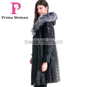 Winter Women Long Leather Slim Fit Coat With Brown Fox Hat Overcoat thumbnail-2