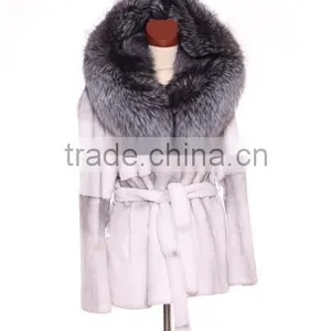 Rex14070 White Rex Rabbit Fur Jacket With Fox Fur Hood and Belt thumbnail-1
