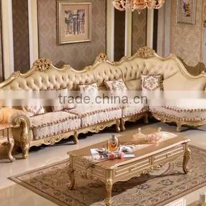 Luxury European Style Solid Wood Golden Carving Genuine Leather Back Matching Fabric Seat Living Room Corner Sofa Set thumbnail-1