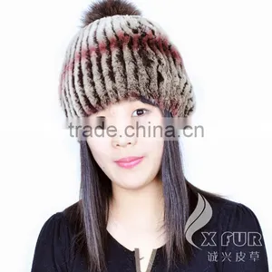 CX-C-58K Hand Knitted Genuine Rex Fur Beanie Hat With Fox Fur Ball thumbnail-4