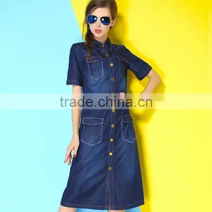High Brand Ladies' Fashion Printing Splicing A- Line Dress Long Blue Jean Dress thumbnail-1