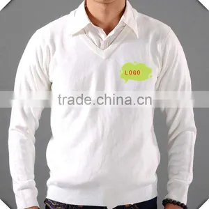 Mens V-neck Sweater White Plain Design With Your Logo Embroidered thumbnail-1