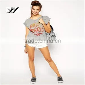 Wholesale Rolled Sleeves Printing 100%cotton Ladies T-shirts thumbnail-1