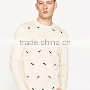 Mens Plain White Long Sleeve Animal Print Pullover Sweater for Wholesale thumbnail-2