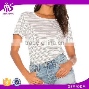 2017 Guangzhou Shandao Casual Summer 160g 100% Cotton Women O-Neck Short Sleeve Wholesale Striped T-Shirt thumbnail-1