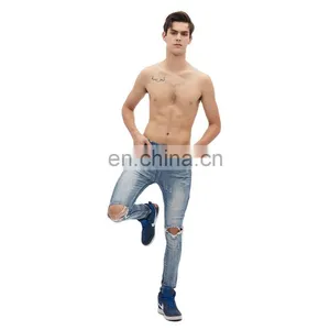 DiZNEW Medium Blue Wash Destroyed Denim Jeans Online Wholesale High Quality Mens Cut Jeans thumbnail-7