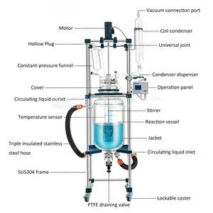 Industrial Chemical 100Liter Double Layer Mixing Borosilicate Glass Reaction Vessel Glass Reactor thumbnail-2