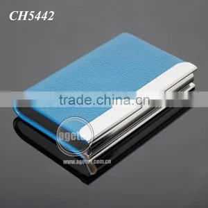 High Quality Box Packing Lichee Pattern Blue Leather Flannelette Lining Stainless Steel Metal Novelty Leather Credit Card Holder thumbnail-1