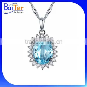 Fashion Rhodium Plated Cubic Zircon CZ 925 Sterling Silver Lab Created Aquamarine Pendant thumbnail-1
