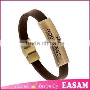 Vintage Punk Style God Bless Magnetic Leather Bracelet With Metal Plate thumbnail-1