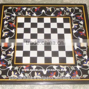 Black Marble Inlay Chess Design Coffee Table Top thumbnail-1