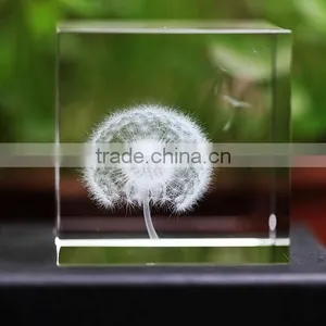 Desktop 3D k9 Crystal Glass Cube With Dandelion Figurines Inside For Souvenir Gifts thumbnail-2