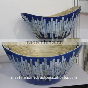 Set of 2 Colored Lacquer and Mother of Pearl Bamboo Salad Bowls thumbnail-1