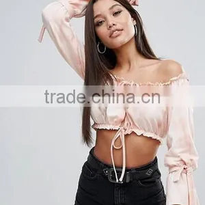 Sexy Blouse Designs Pale Pink Tie Dye Print Off-shoulder Women Tops Blouse thumbnail-2