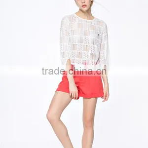 Fashion Latest Trendy High Fashion Crochet Fabric Women Transparent Blouse With Half Sleeve thumbnail-2