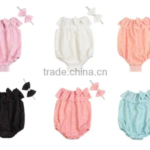 Summer Hot Sale Bouqitue Baby Clothing High Quality Rompers Baby Girl Plain Color Lace Rompers With Headband thumbnail-1