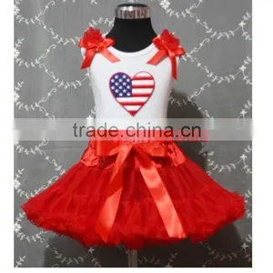 Lovely White Top Red Chiffon Pettiskirt in Set With Bowknot for Patriotic thumbnail-1
