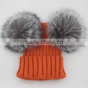 Myfur Bright Orange Wool Beanie With Detachable Double Real Silver Fox Fur Pompoms thumbnail-1