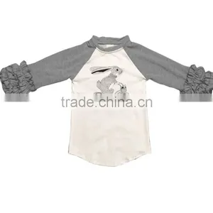 Wholesale Baby Clothes Cotton 3/4 Sleeve Ruffle Raglanbaby Icing Ruffle Top With Bunny Printed thumbnail-1