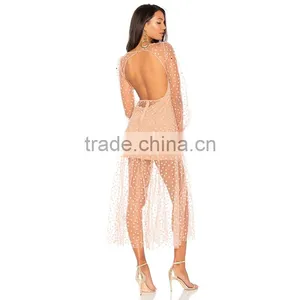 Raw Hem Embroidered Tulle Appliqued Gauze Backless Long Dress thumbnail-3