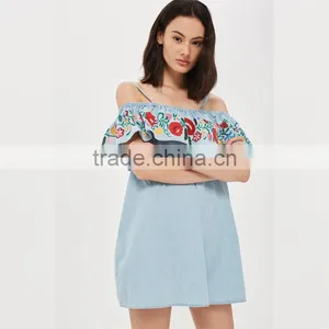 Denim Blue Embroidered New Pattern Clothes off Shoulder Short Jeans Dress Women thumbnail-3