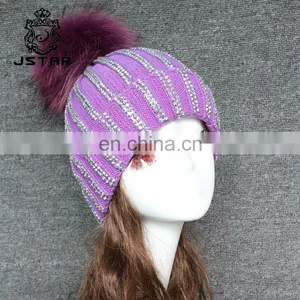 Hot Sale Winter Hat With Ball Cashmere Raccoon Fur Pompom Knit Beanie Beanies thumbnail-1