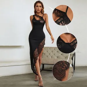 Lace Perspective Sexy High Slit Bandage Dress Big-name Dress thumbnail-2