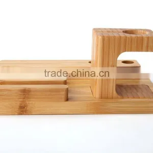 Keno Bamboo Dual Charging Stand Cradle With Pen Holder for Apple Watch, for IPhone for IPad thumbnail-4