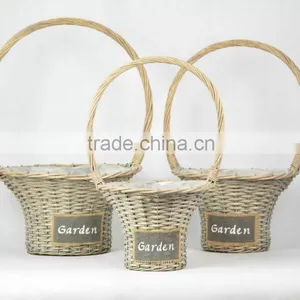 Round Hat Wicker Basket With Over Handle and Plastic Liners Decoratived by Plaster Colth Used for Home and Garden (K4-1870) thumbnail-1