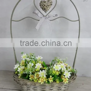 Decorative Wicker Heart Oblong Basket With KD Metal Handle and Ribbon Bow thumbnail-1