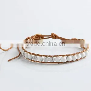 Pure Manual Needle Wear White Pine Natural Stone Beads Bracelet Leather Leather Cord Bracelet Wholesale thumbnail-1